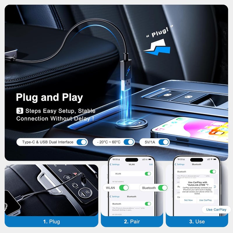 FAIMEE AI Box Wireless CarPlay & Auto Adapter - Plug & Play, Dual-Band WiFi, Bluetooth 5.0, 4K Video Support, Android 12.0 System, Compatible with Factory CarPlay & Android Auto （4GB RAM+32GB ROM） - Image 3